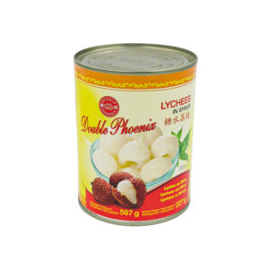 Lichis en almíbar, enlatado en formato de 565 gramos.